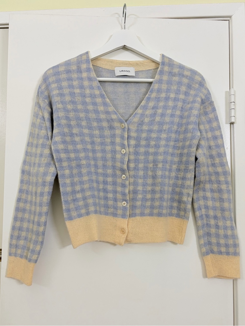 URAGO Korean Blue Cream Gingham Mohair Wool Blend Cardigan Cottage Coquette XS/S